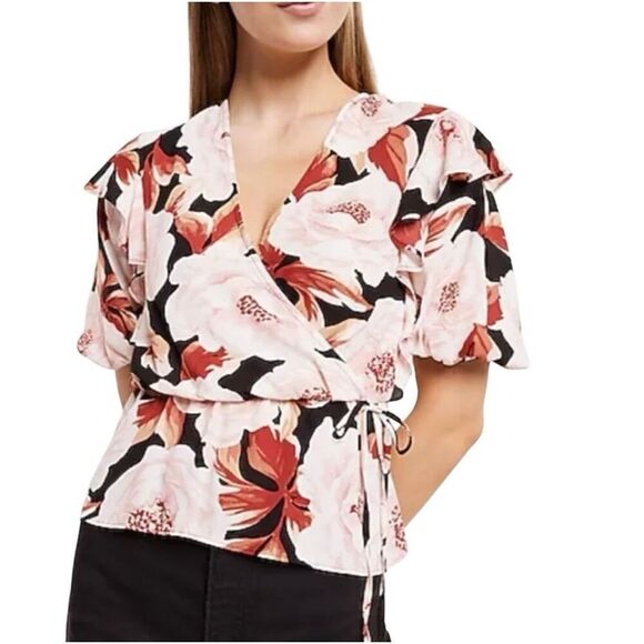 Express NWT floral faux wrap puff sleeve peplum top size S - Picture 1 of 13